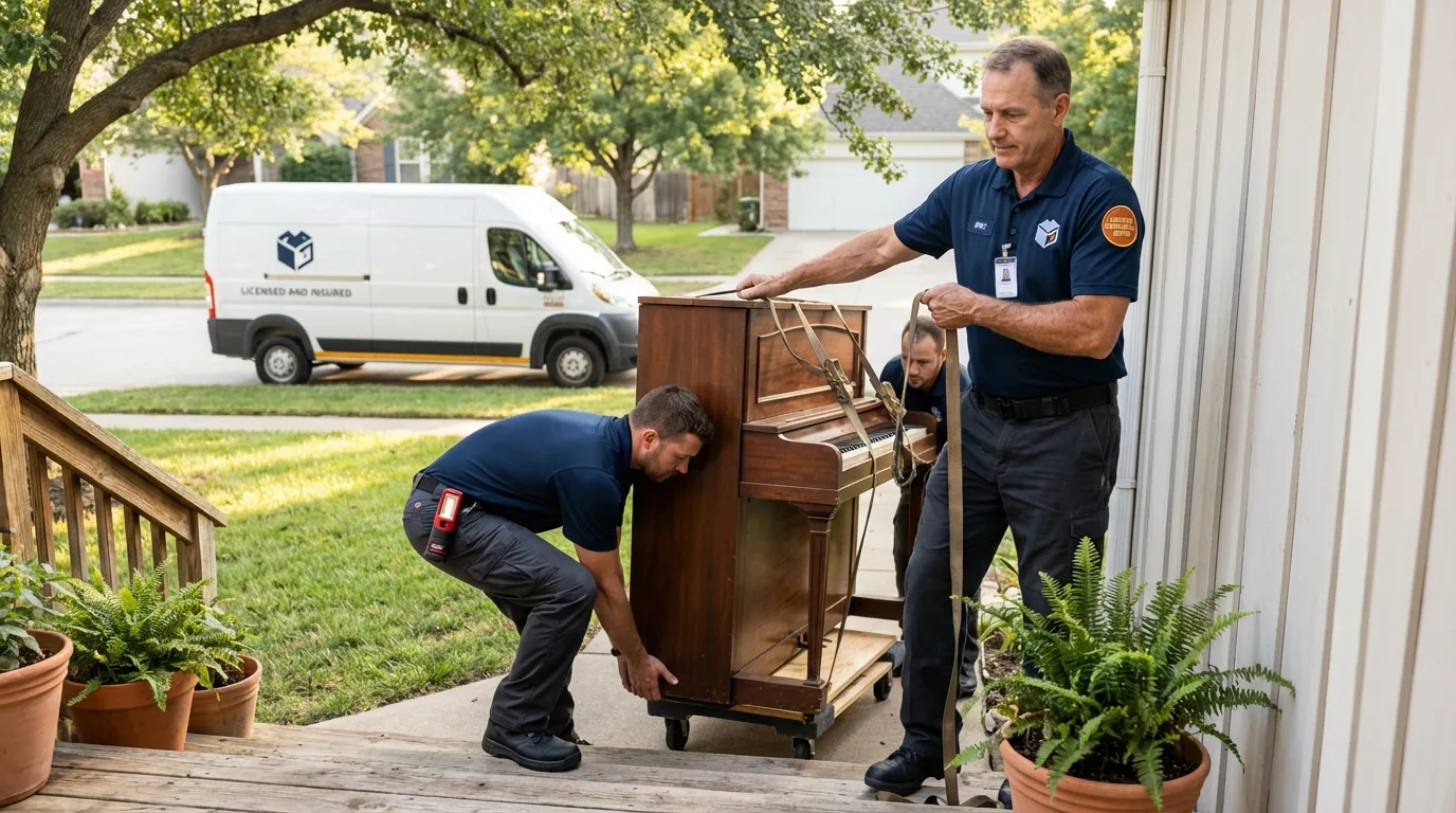 Licensed piano movers securing grand piano in Carthage, NY