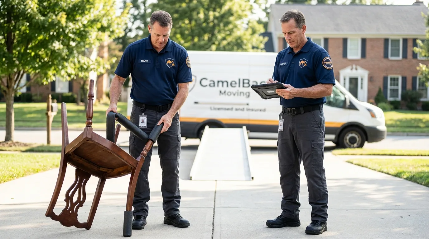 Movers inspecting furniture for damage prevention before loading in Carthage, NY