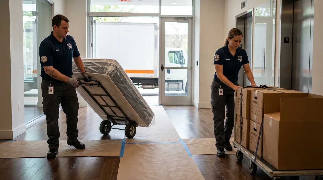 Professional apartment movers loading elevator in Carthage, NY