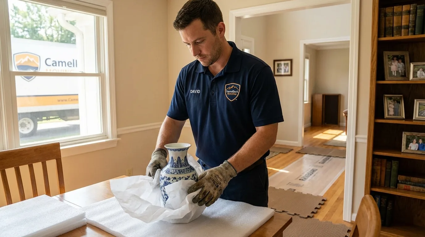 Professional crew carefully wrapping antique vase for senior downsizing move in Carthage, NY
