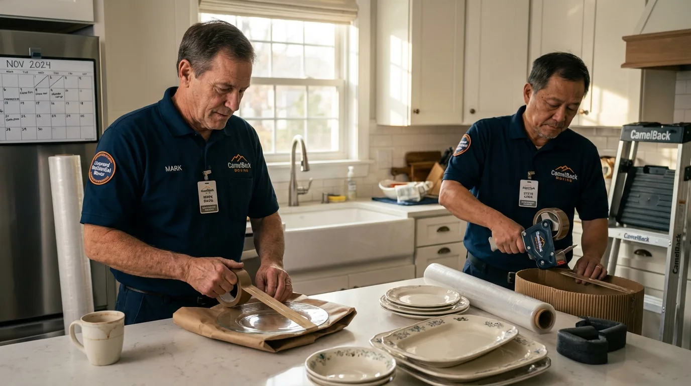 Professional crew packing kitchen dishware in Carthage, NY